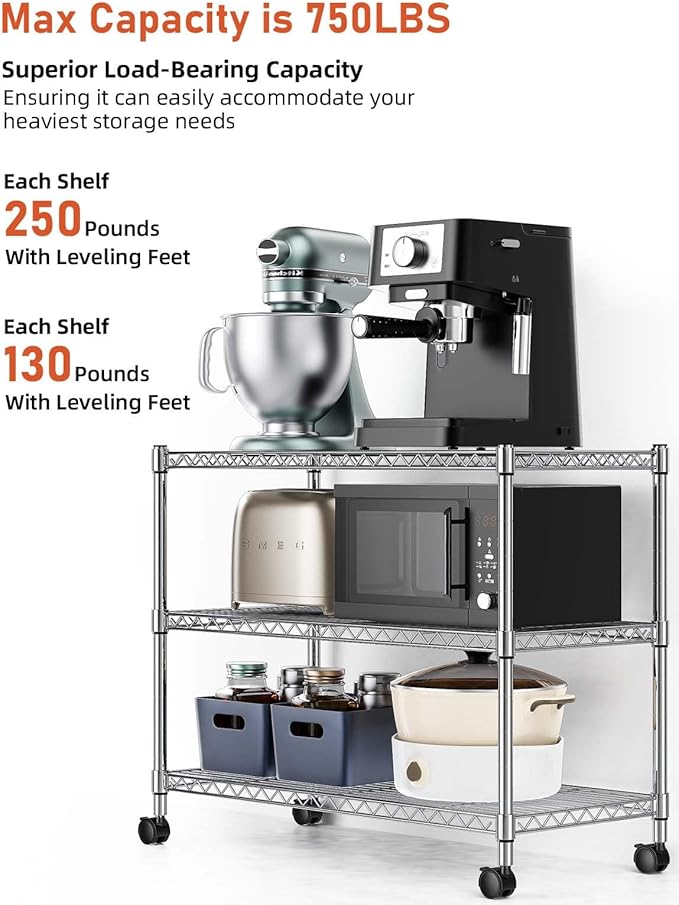 YSSOA Heavy Duty 3-Tier Storage Shelves 750Lb Capacity, 24.02" D x 13.78" W x 21.97" H Shelving Unit for Pantry, Garage, Laundry and Kitchen, Chrome