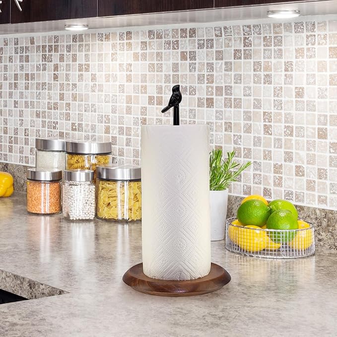 Paper Towel Holder for Countertop, Bird Shaped Farmhouse Kitchen Paper Roll Stand with Solid Wood Base & Iron Rod, Vintage Black Finish & Non-Slip Pad, Stable Holder for Kitchen Decor& Dining Table