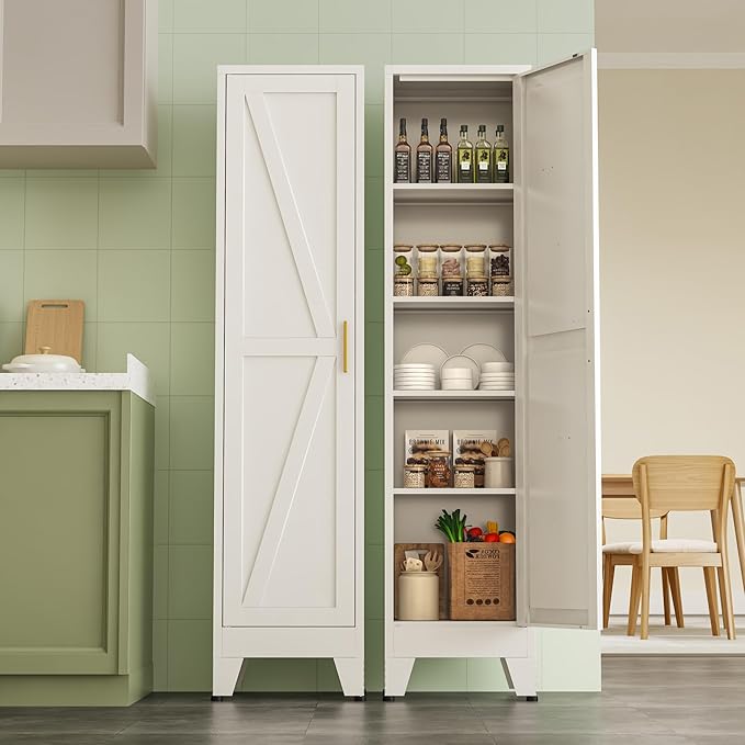 YAUWOH Narrow Metal Cabinet with 4 Adjustable Shelves and Barn Doors,Tall Bathroom Storage Cabinet, Metal Pantry Organizer for Kitchen,Home Office, Dining Room,White