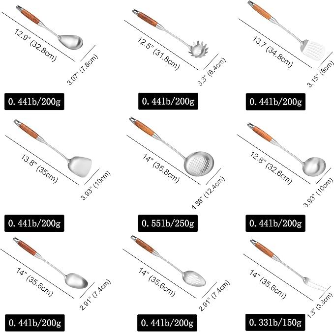 NIITAWH Stainless Steel Kitchen Utensils 12.5"-14" Wooden Handle Metal Cooking Utensils Set 9 PCS, Solid and Slotted Spoon, Fork, Spatula, Ladle, Skimmer, Slotted Tunner, Spaghetti Large Spoon