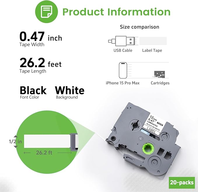 20 Pack TZe-231 Label Tape White, Compatible for Brother P Touch Label Maker PTD220 PTD210 PTH110, 12mm 0.47 Laminated Tape for Indoor/Outdoor Use, Black on White, Water Resistant, No Jamming