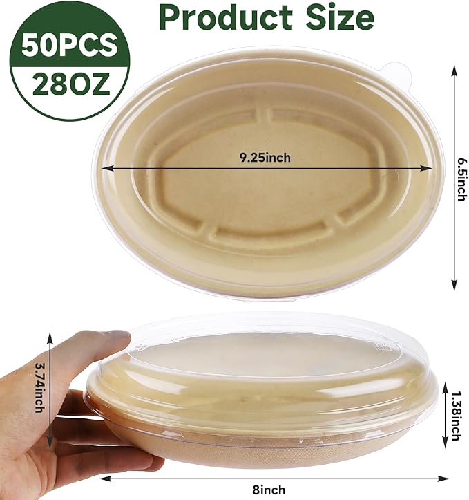 LOLYSIC 50 Pack Oval Paper Bowls with Lids, 28oz Chipotle Bowls, Disposable Food Containers with Lids, Paper Bowl for Burrito, Salads, Pasta, Nacho, Taco, Microwavable Meal Prep Containers