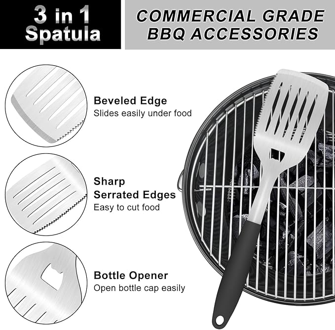 POTWIY Grill Tools BBQ Accessories Set of 2, 15.8'' Heavy Duty Stainless Steel Grill Utensils with Grill Spatula and Fork, Full Tang Silicone Handle, Outdoor Grilling Tools Barbecue Accessories