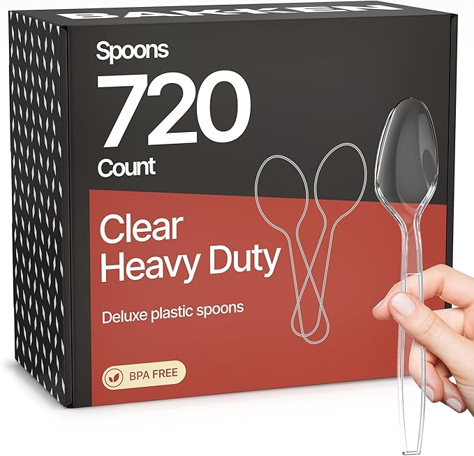 Bakken Disposable Cutlery Set 720 Pieces Spoons, Heavy Duty Plastic Silverware, BPA-Free Food-Grade Materials, Heat-Resistant, Reusable Utensils for Parties, Catering, BBQs, and Everyday Use, Clear