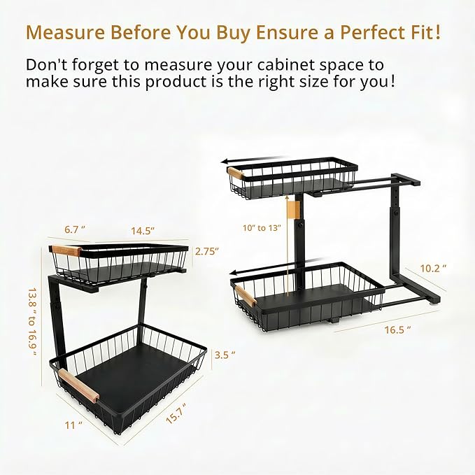 whalenoble Under Sink Organizer, 2 Tier Pull Out Cabinet Organizers and Storage for Kitchen Bathroom Pantry Laundry, Adjustable Height, Slide Out Thickened Metal Storage Shelf (Black, 1 Pack)