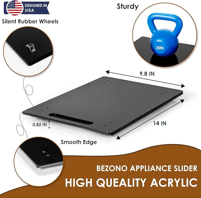 BEZONO Appliance Sliders for Kitchen Appliances, Sliding Tray for Coffee Maker, Espresso Machines, Mixers Sturdy Kitchen Aid Sliders for Mixer - Duty Equipment with Rubber Wheels - 9.8" x 14" (Black)