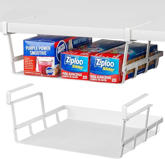 Abitrothy Under Shelf Basket, 4 Pack Under Cabinet Shelf Basket Organizer, Hanging Wire Storage Baskets, Slide-in, Add-on Space Saving for Kitchen Pantry Desk Bookshelf Laundry Room, White