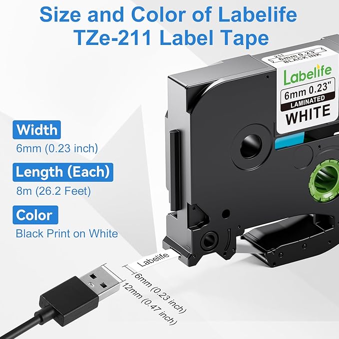 Labelife Replacement for Brother TZe-211 TZe211 P Touch Label Tape 6mm Label Maker Tape TZe TZ Tape 6mm 0.23 Laminated White for Brother PT-D220 PT-D210 PT-H110 PT-D400 PT-D600, 0.23 Inch, 4-Pack