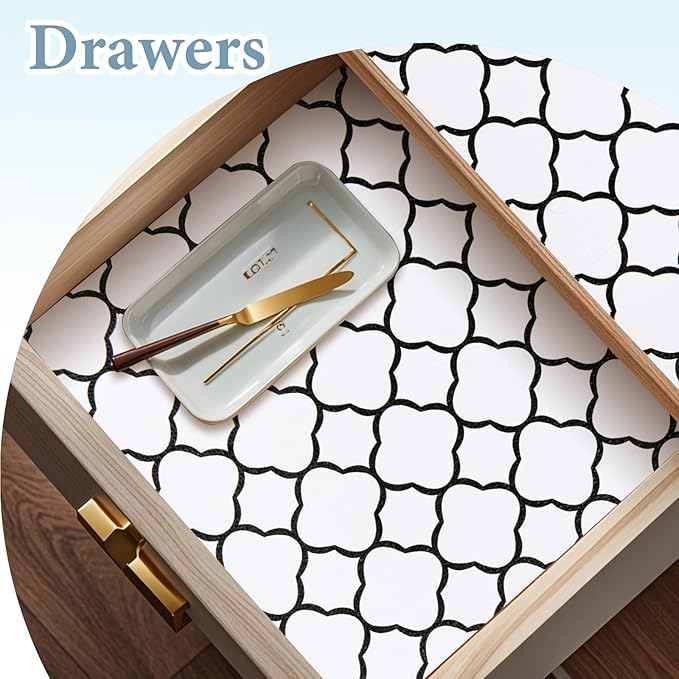 Shelf Drawer Liners for Kitchen Cabinets 17.3 x 236 Inches Non Adhesive Drawer Liner Thickened Refrigerator Liner Black Quatrefoil Strong Non-Slip Paper for Tool Box with Knife and Tape Measure