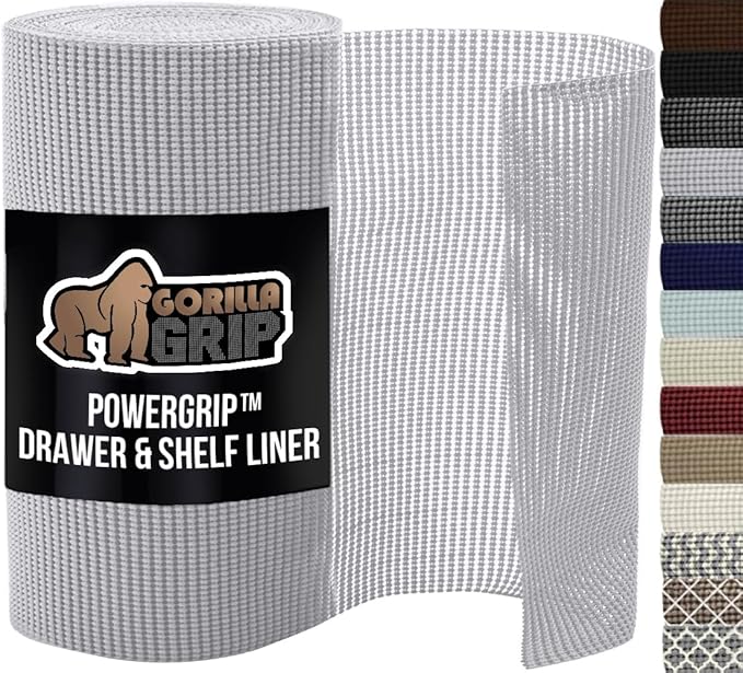 GORILLA GRIP powerGRIP Drawer Shelf and Cabinet Liner, Thick Strong Hold, Non-Adhesive Liners Protect Kitchen Cabinets and Cupboard, Bathroom Drawers, Easy Install, Breathable Mat, 24" x30' Light Gray