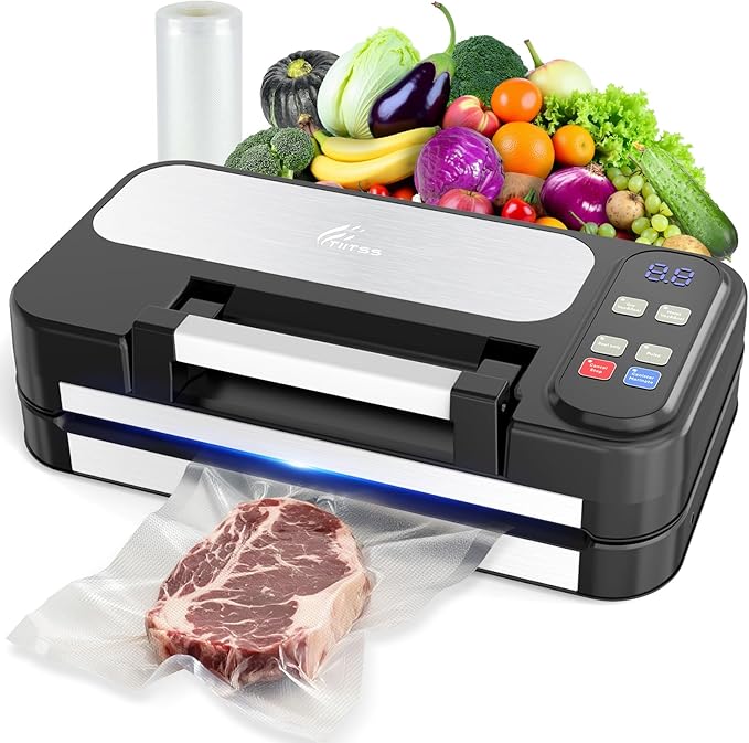 95kpa Vacuum Sealer for Food, 125W Commercial Food Saver Vacuum Sealer Machine, 10-in-1 Compact Meat Vacuum Packing Machine with Bags Storage, Built-in Cutter, Easy-Lock Handle, Stainless Steel