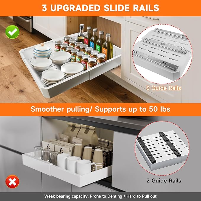 Pull out Cabinet Organizer,Adjustable Width (14"-19") and Depth (17"-24") Expandable,No Drill Slide out Drawers for Kitchen,Pantry,Adhesive Roll out Shelves,for Cabinets Without Lip