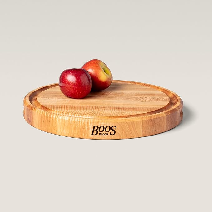 John Boos CB Series Round Wooden Maple Cutting Board 15”x15” – 1.75” Thick, 11-lb Reversible Butcher Block with Juice Groove, Edge-Grain & Finger Grips – Made in the USA