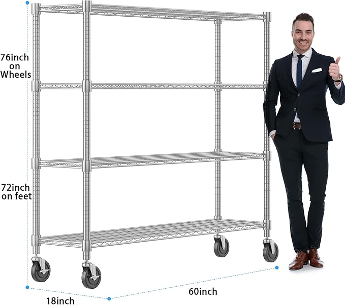 Homdox Heavy Duty Metal Shelves for Storage, 4 Tier Storage Racks and Shelving, Commercial Adjustable Wire Shelving Unit on Wheels, Garage Rack Pantry Shelves Kitchen Shelving, 18"x60"x72", Chrome