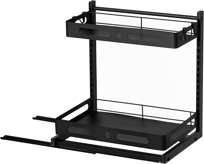 Basicwise Adjustable Height Under Sink Pull-Out Organizer 2-Tier Sliding Shelf Rack Heavy-Duty Mesh Baskets for Kitchen & Bathroom Cabinets Ideal for Tall Bottles Cleaning Supplies & Tight Spaces