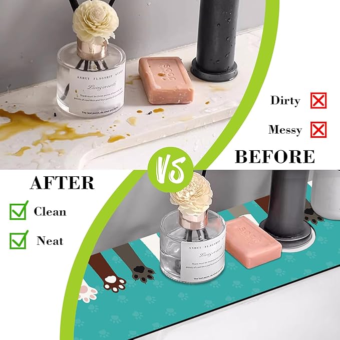 Sink Splash Guard Faucet Mat Cat Paws and Footprints Absorbent Fast Drying Mat Sink Gadgets Splash Guard Behind Faucet Drip Catcher for Kitchen Bathroom 23.5"X5.5"