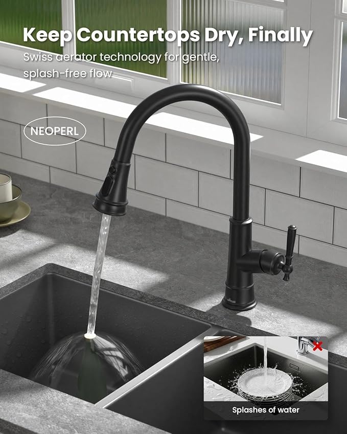 APPASO Black Kitchen Faucet with Pull Down Sprayer, Patented Design Single Handle High Arc Single Hole Pull Out Kitchen Sink Faucets, cUPC-Certified Pull-Out Hose, Water Supply Tubing & Valve Core