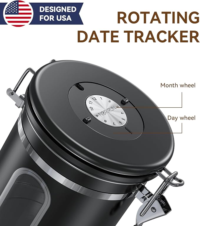Coffee Canister with Window, 22oz Stainless Steel Airtight Container for Coffee Beans, Grounds, Tea, Sugar, Flour, Cereal - Includes Date Tracker & Scoop