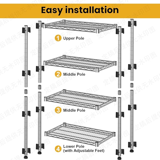 4- Shelf Metal Wire Shelving Unit Commercial Garage Storage Shelves Metal Shelf Adjustable Storage Rack Heavy Duty 2200 LBS rganizer for Pantry Laundry Bathroom Kitchen Closet Utility Room warehouse