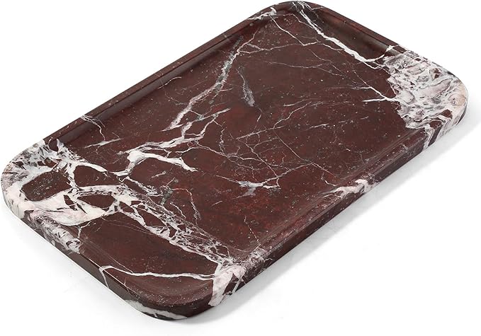 Karibiber Marble Vanity Tray, Large Stone Bathroom Tray for Countertop, 14'' Rose Red Genuine Marble Decorative Tray for Dresser, Green Kitchen Trays for Counter,Perfume Storage, Non-Resin/Ceramic