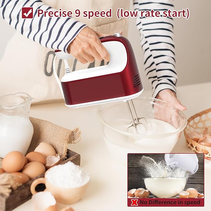 Yomelo 9-Speed Digital Hand Mixer Electric, 400W Powerful DC Motor, Hand Mixer Electric Handheld with Snap-On Storage Case, 5 Stainless Steel Accessories, Beaters, Dough Hooks, Whisk(Red/White)