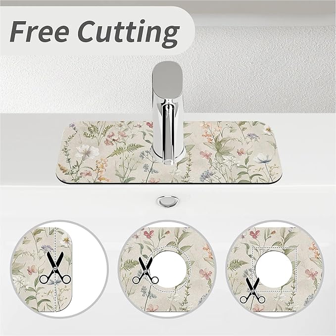 Kitchen Sink Splash Guard，wildflowers and foliage Faucet Mat Sink Gadgets-Super Absorbent Fast Drying Mat Drip Catcher for Kitchen, Bathroom,Sink Mat, Dish Drying Mat, Bathroom(15" X 5.5" )
