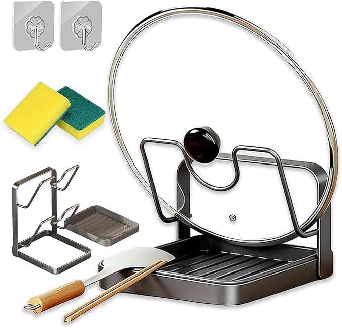 Kitchen Pot Lid Holder While Cooking, Multifunctional Kitchen Pot Lid Storage Rack with Tray, Carbon Steel Pot Lid Organizer Rack for Counter, Space-Saving, Prevent Messes, for Pans & Lids (StyleA)