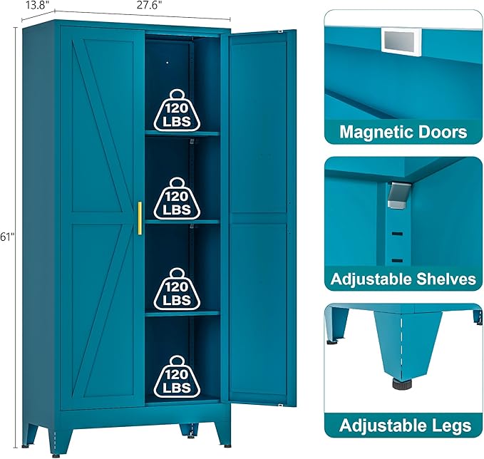 Washsemba 61" Tall Farmhouse Metal Pantry Cabinet, Kitchen Pantry Storage Cabinets with 2 Barn Door and Adjustable Shelves,for Kitchen,Laundry Room,Home Office,Kids Room （Peacock Blue