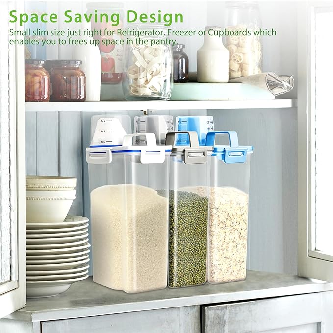 Rice Airtight Storage Container, 3 to 5Lbs Cereal Dry Food Flour Bin, Pet Dog Cat Food Dispenser with Measuring Cup, BPA Free Clear Plastic Kitchen and Pantry Organization Bin for Sugar, Pasta