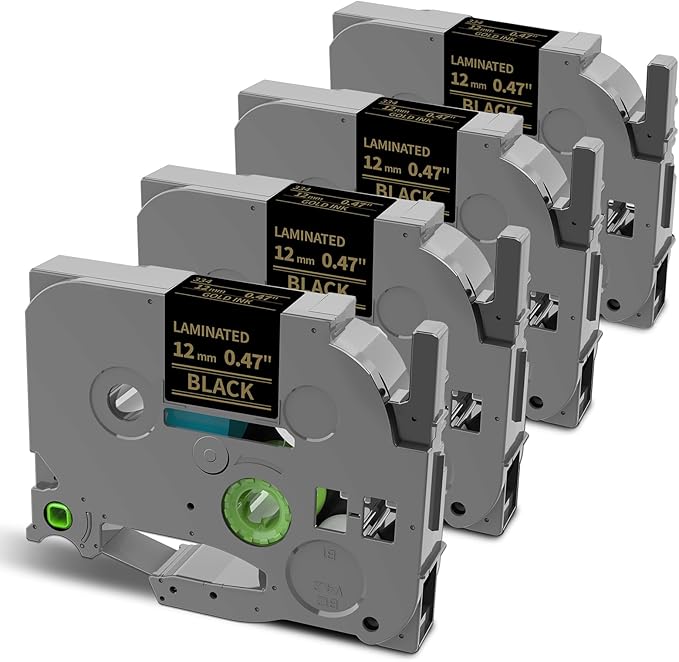 Oozmas Compatible with Brother P-Touch Label Tape Gold on Black Tze-334 TZe334 Ptouch Tze TZ 12mm 0.47 Inch Standard Laminated Work for Brother PT-D210 PT-D200 PT-H100 Label Maker Tape, 4-Pack