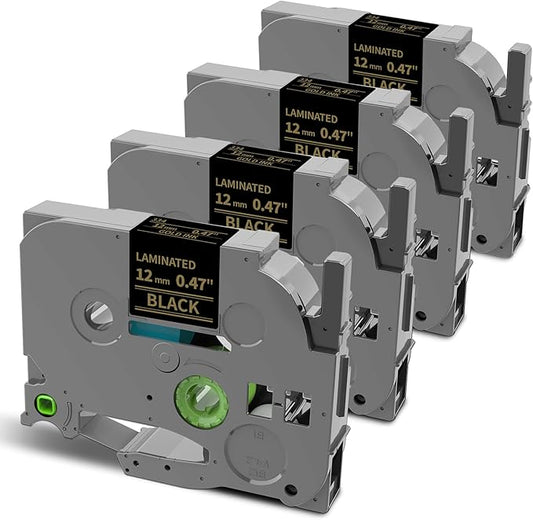 Oozmas Compatible with Brother P-Touch Label Tape Gold on Black Tze-334 TZe334 Ptouch Tze TZ 12mm 0.47 Inch Standard Laminated Work for Brother PT-D210 PT-D200 PT-H100 Label Maker Tape, 4-Pack