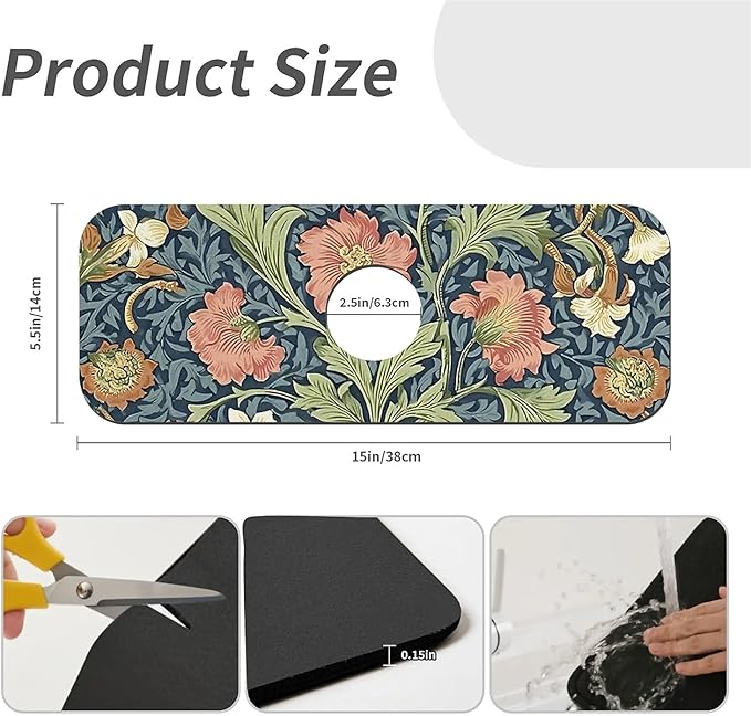 Kitchen Sink Splash Guard，Floral and leaf Faucet Mat Sink Gadgets-Super Absorbent Fast Drying Mat Drip Catcher for Kitchen, Bathroom,Sink Mat, Dish Drying Mat, Bathroom(15" X 5.5" )