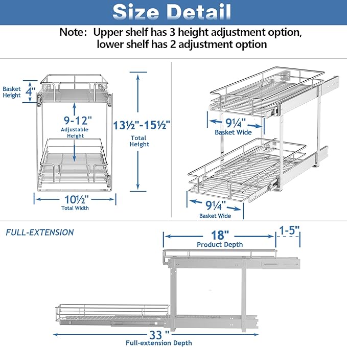 MODCART 2 Tier Individual Pull Out Cabinet Organizer 10½" W x 18" D, Heavy Duty Cabinet Pull Out Shelves, Slide Out Drawers Organization for Kitchen Cabinets Bathroom