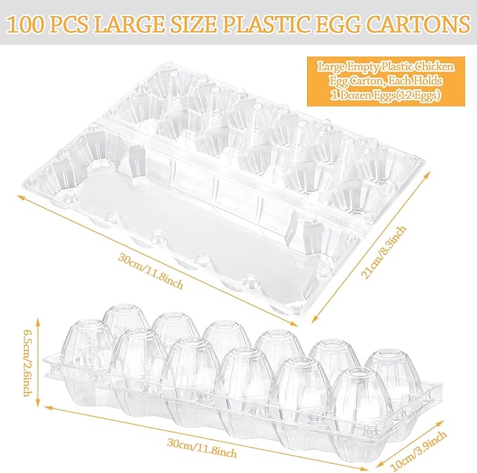 Tanlade 100 Pcs Plastic Egg Carton, 12 Grids Clear Chicken Egg Tray Disposable Plastic Holder Empty Container for Farm Refrigerator Fresh Storage