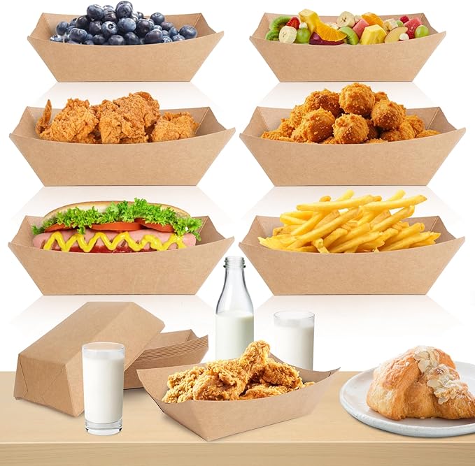 FGCHEEF 3lb Paper Food Trays, 100 Pack Disposable Paper Food Boat Serving Boats for French Fries Nachos Snack Hot Dog Taco BBQ Popcorn Bachelor Party Picnic