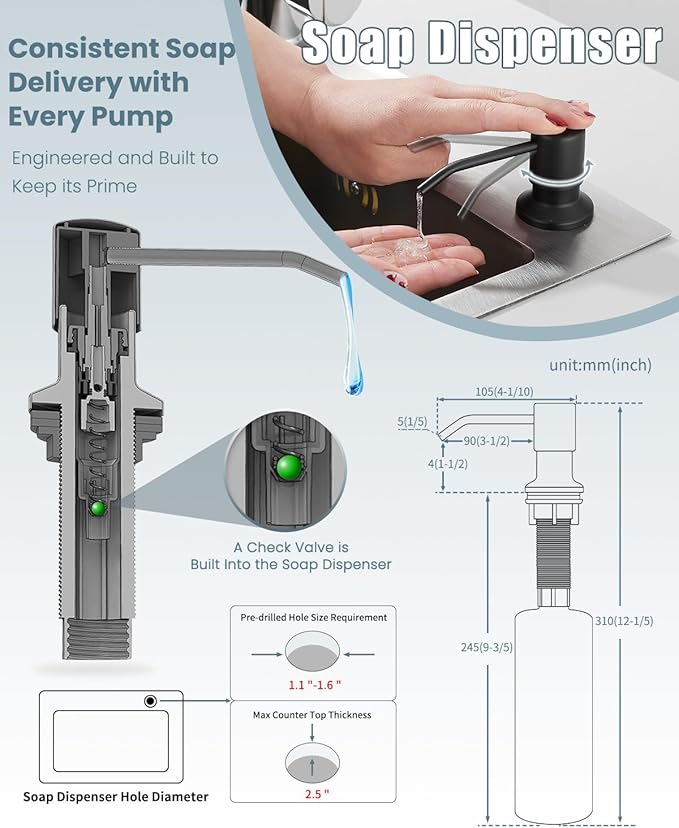 Kitchen Faucet with Soap Dispenser, Single Handle Spring Kitchen Sink Faucets with Pull Down Sprayer and Deck Plate,Black Faucet for Camper Farmhouse RV Kitchen Sink,Dual Function Spray Head