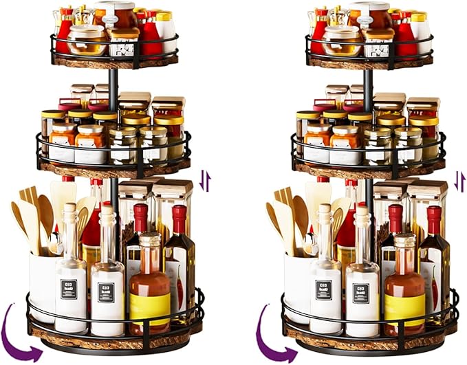 Heavy-Duty 3-Tier Lazy Susan Organizer, Adjustable to Different Heights, Countertop Spice Rack, Upgraded Thickened Wooden Board, Suitable for Seasoning Organizer, Kitchen Organization（2 Pack）