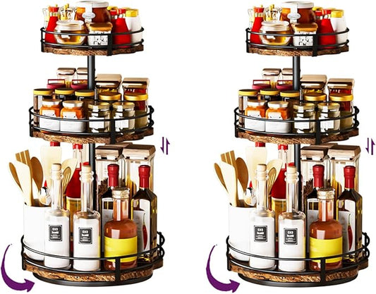 Heavy-Duty 3-Tier Lazy Susan Organizer, Adjustable to Different Heights, Countertop Spice Rack, Upgraded Thickened Wooden Board, Suitable for Seasoning Organizer, Kitchen Organization（2 Pack）