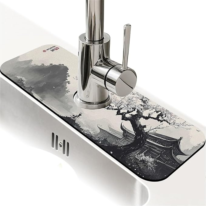 Kitchen Sink Splash Guard，Chinese ink landscape Faucet Mat Sink Gadgets-Super Absorbent Fast Drying Mat Drip Catcher for Kitchen, Bathroom,Sink Mat, Dish Drying Mat, Bathroom(15" X 5.5" )