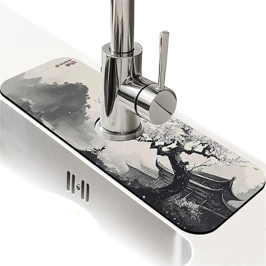 Kitchen Sink Splash Guard，Chinese ink landscape Faucet Mat Sink Gadgets-Super Absorbent Fast Drying Mat Drip Catcher for Kitchen, Bathroom,Sink Mat, Dish Drying Mat, Bathroom(15" X 5.5" )