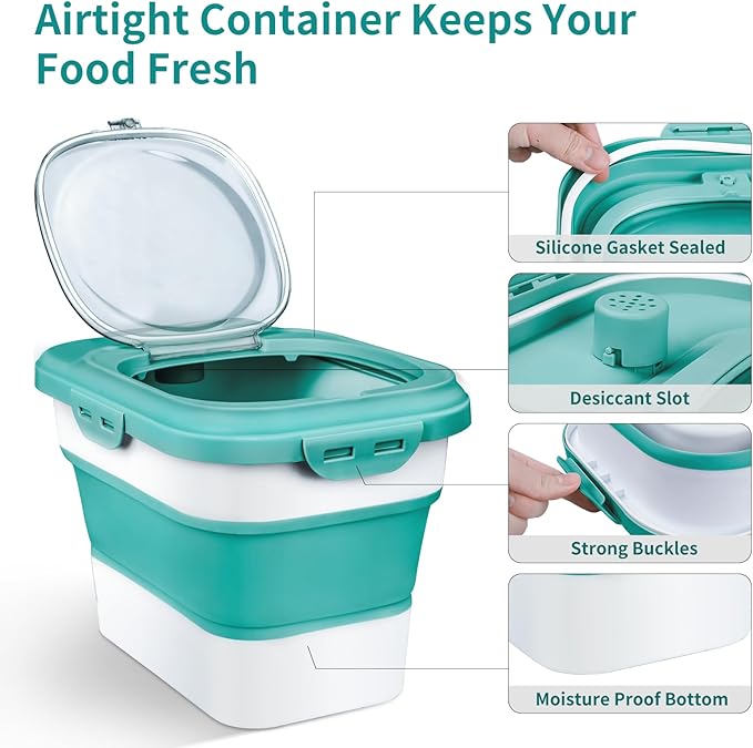 Rice Storage Container, Collapsible Airtight Food Storage Containers 6-20 Lbs, Rice Dispenser with Measuring Cup and Small Bin for Flour Cereal Pasta Grain, Cat Pet Dog Bird Food Container
