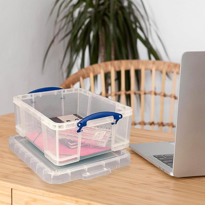Really Useful Box 4 Pack 17L Plastic Storage Bins with Snap Lids and Clip Lock, Clear