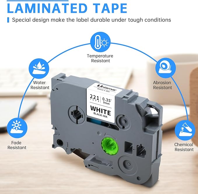 Unismar Tze 9mm 0.35'' Laminated White Compatible for Brother TZe-221 TZ-221 Label Tape Work for Ptouch PTD210 PTD220 PTD200 PTH110 PTH100 PTD400 PTD600 PT1280, Black on White 3/8'' x 26.2ft, 5-Pack