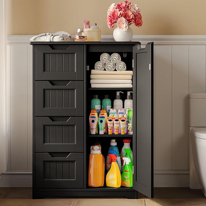 Gizoon Small Kitchen Pantry Storage Cabinet with Door and Shelves, 33'' Kitchen Pantry Cabinet Freestanding Wooden Bathroom Storage Cabinet with 4 Drawers for Kitchen and Dining Room, Black