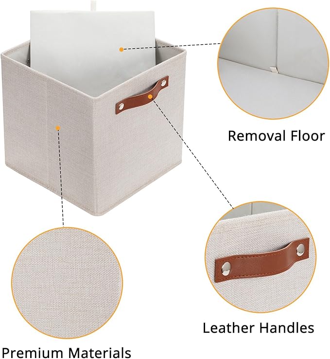 HNZIGE 12 Inches Storage Bins for Organizing,4PCS Fabric Bins Closet Cubes Storage Baskets for Shelves with Leather Handles(Gream)