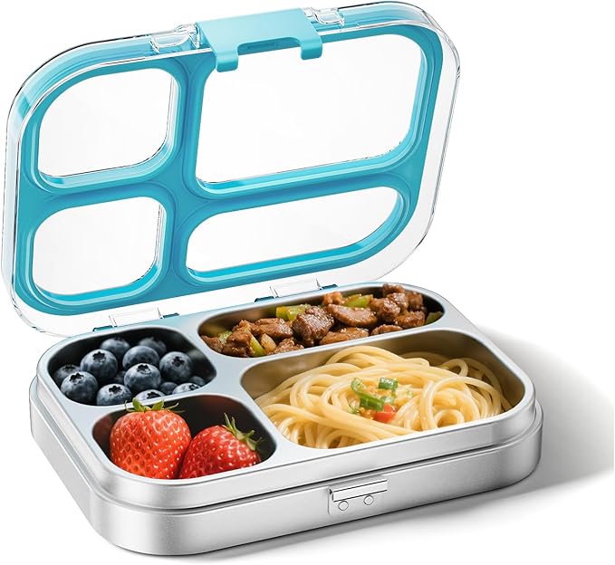 G.a HOMEFAVOR Stainless Steel Lunch Box - 4 Compartments Bento Box for Kids, Leakproof Metal Food Container for School, Office, Dishwasher Safe, Shatterproof, 27 oz, Blue