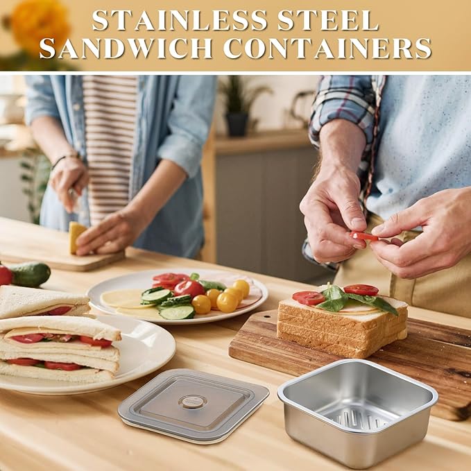 4 Pack 43oz Large Stainless Steel Sandwich Containers with Lids, Leak-proof Reusable Lunch Boxes, Meal Prep Bento Box, Food Storage Containers for Snacks & Fruits, Dishwasher Safe, 1300 ml