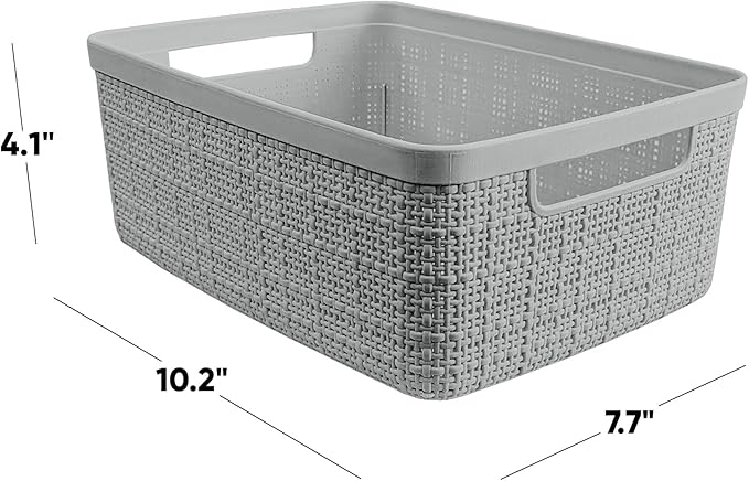 Curver Set of 8 Small 4.5L Jute Decorative Plastic Organization and Storage Baskets - Perfect Bins for Home Office, Closet Shelves, Kitchen Pantry and All Bedroom Essentials, Grey
