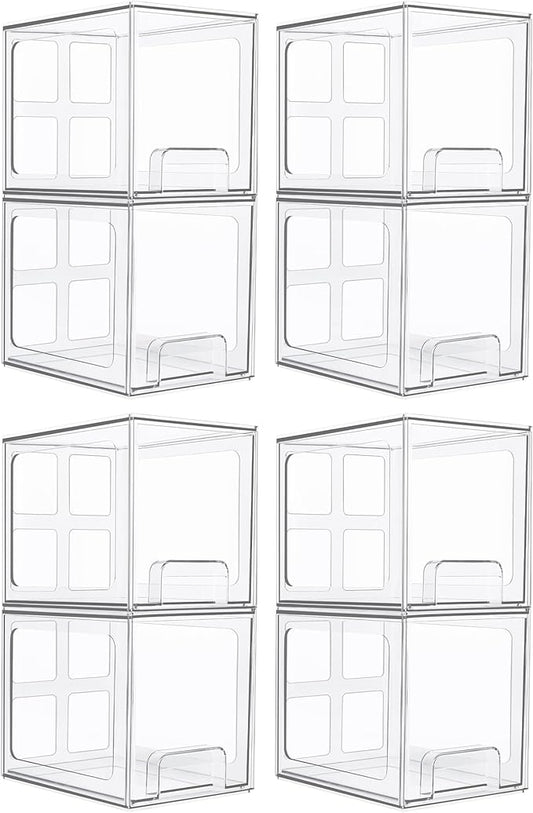 Vtopmart 8 Pack Stackable Under Sink Organizer Drawers, Clear Acrylic Storage Bins for Kitchen and Bathroom Cabinets, Baby Bottles, Cleaning Supplies, 6.6'' Tall Space-Saving Drawer System