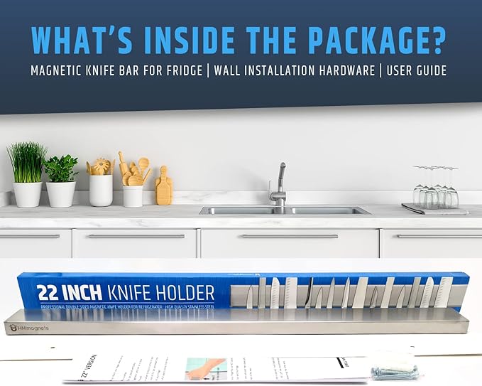 22" Premium Magnetic Knife Holder for Refrigerator (Double-Sided Heavy-Duty Magnets) - Upgraded Strip for Strong Fridge Mount - Clear Up Counter Space - 304 Anti-Rust Stainless Steel (Upgraded Design)